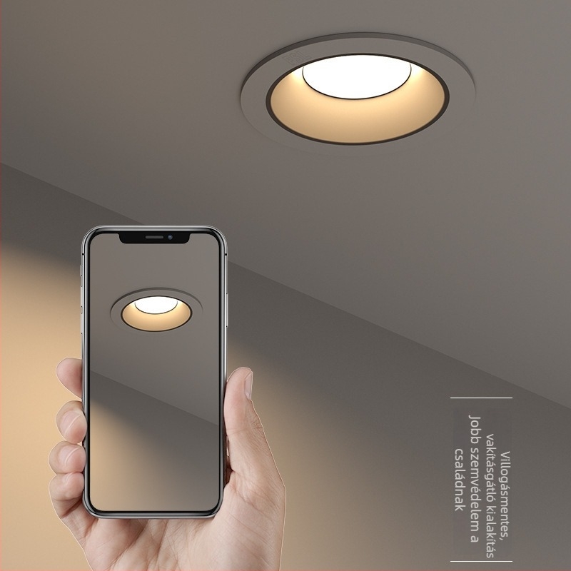 Beépített LED anti‑reflektív downlight keskeny kerettel és mély kupakkal, nappalira és folyosóra, mennyezeti lámpa központi fény nélkül