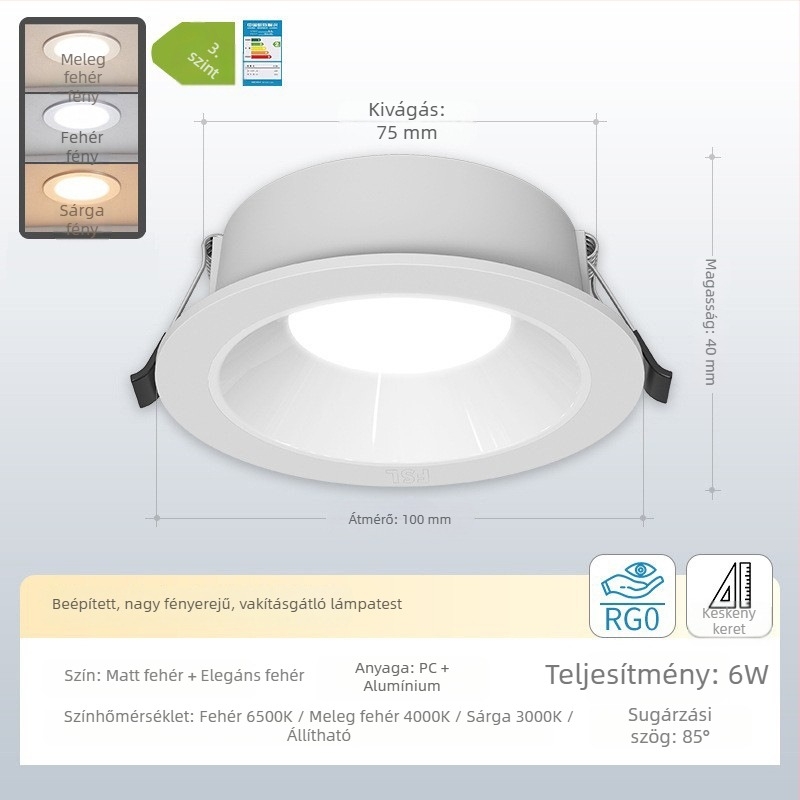 Beépített LED anti‑reflektív downlight keskeny kerettel és mély kupakkal, nappalira és folyosóra, mennyezeti lámpa központi fény nélkül