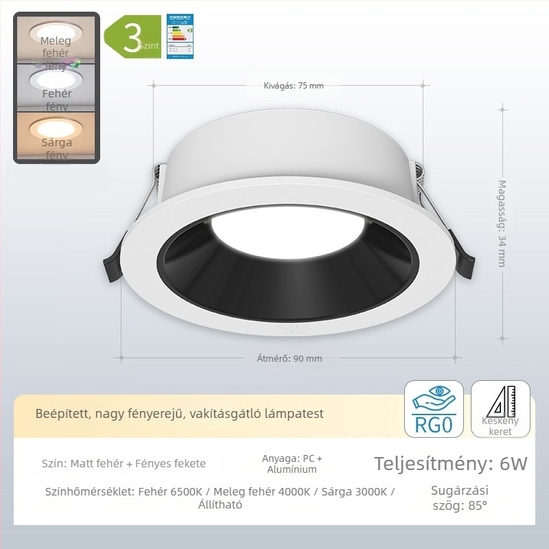 Beépített LED anti‑reflektív downlight keskeny kerettel és mély kupakkal, nappalira és folyosóra, mennyezeti lámpa központi fény nélkül