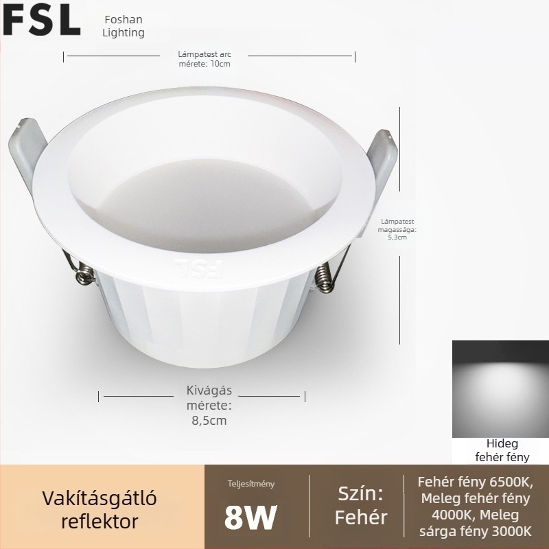 Beépített LED anti‑reflektív downlight keskeny kerettel és mély kupakkal, nappalira és folyosóra, mennyezeti lámpa központi fény nélkül