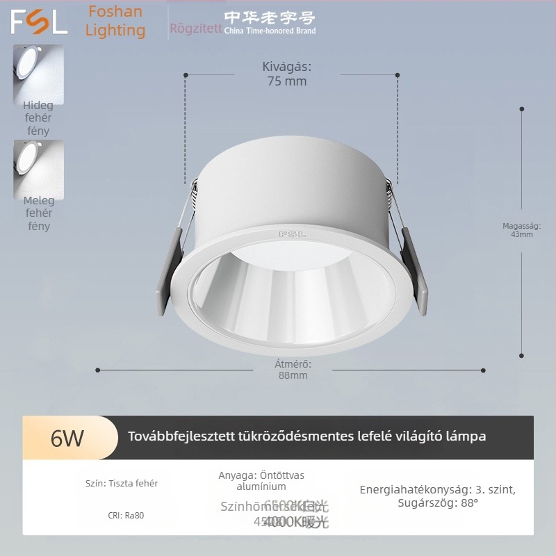 Beépített LED anti‑reflektív downlight keskeny kerettel és mély kupakkal, nappalira és folyosóra, mennyezeti lámpa központi fény nélkül