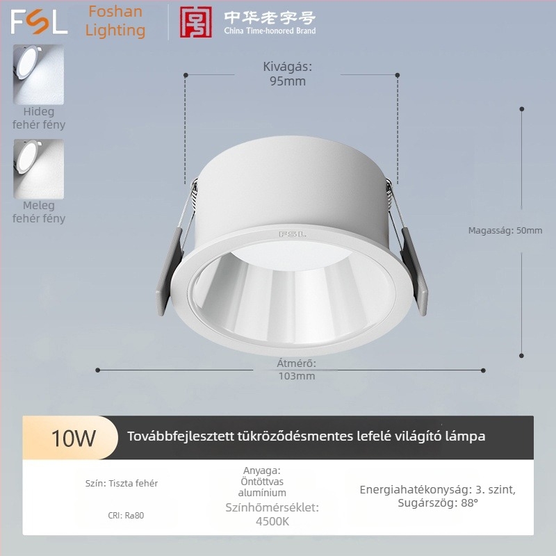 Beépített LED anti‑reflektív downlight keskeny kerettel és mély kupakkal, nappalira és folyosóra, mennyezeti lámpa központi fény nélkül