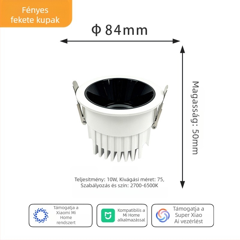 Mélyen süllyesztett mennyezeti downlight intelligens alkalmazásvezérléssel, LED 6–10W, 6500K hideg fehér, alumínium ház, rejtett szerelés, CRI ≥90
