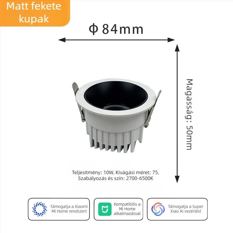 Mélyen süllyesztett mennyezeti downlight intelligens alkalmazásvezérléssel, LED 6–10W, 6500K hideg fehér, alumínium ház, rejtett szerelés, CRI ≥90