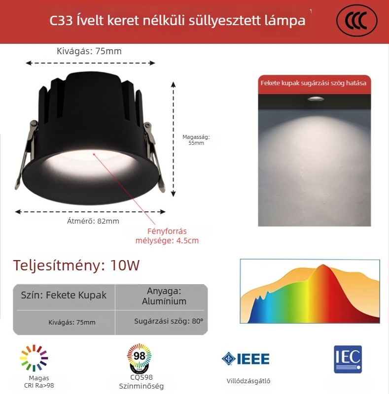 Keret nélküli ívelt LED mennyezeti downlight, ív alakú, anti-glare, beépített, nappalira és folyosóra