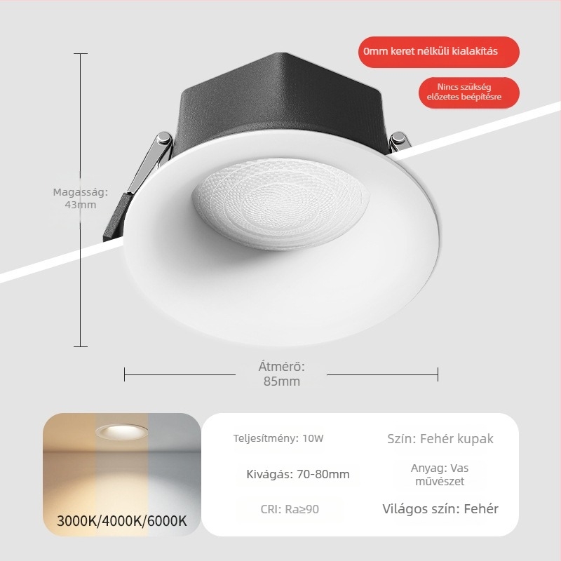Teljes spektrumú keret nélküli beépített LED mennyezeti downlight nappalira, 75 mm nyílás