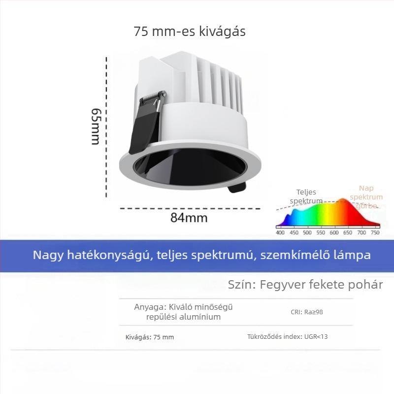 LED anti-glare downlight 98 mm-es keskeny kerettel, folyosók és konyhák számára, beépített mennyezeti lámpa, mély kupola, nincs központi fény