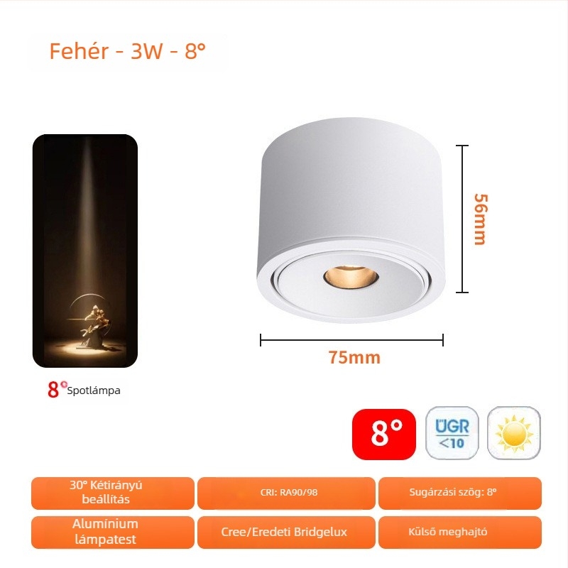 Ultra vékony beépített LED spotlámpa 3W, állítható fénysugár-szögekkel 3°/8°/15°, teaházhoz, étkezőasztalhoz és múzeumhoz