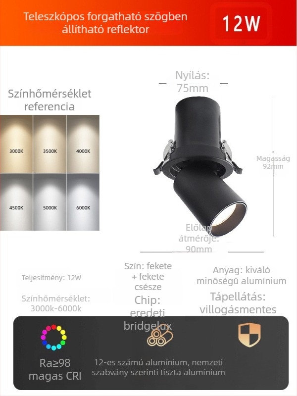 Elefántorr alakú, kihúzható LED-szpotlámpa, beépített mennyezeti kivitel, állítható szögű, ruházati boltok és kávézók számára
