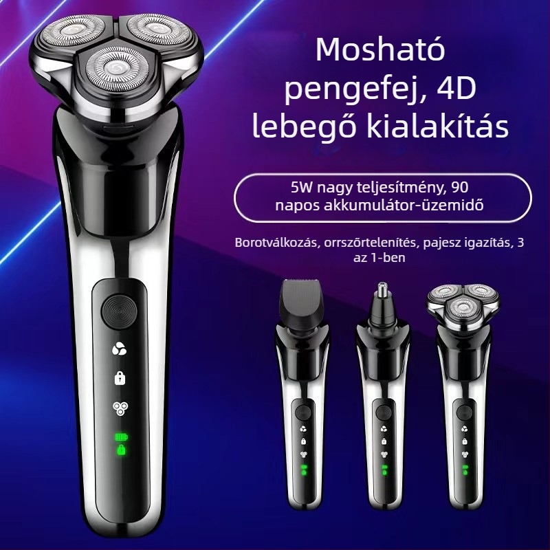 Dingke LED5000 elektromos borotva – 3 az 1-ben, lebegő forgófej, hárompengés fej, orrszőr-trimmer, levehető és mosható fej