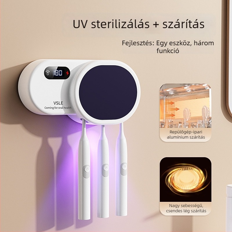 Intelligens UV-sterilizáló és szárító fogkefékhez, falra szerelhető tároló, űrkapszula dizájn