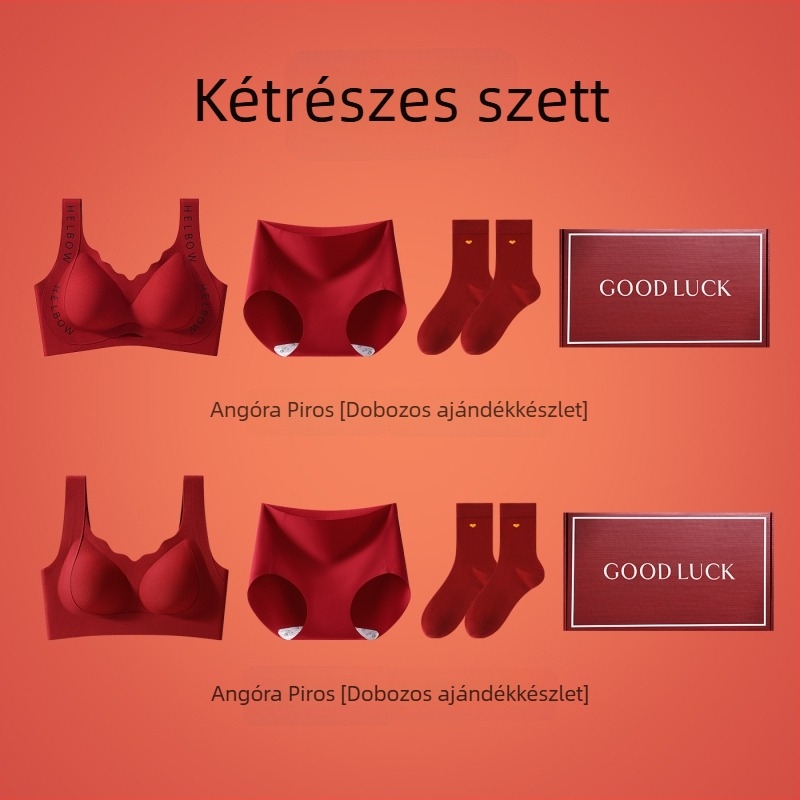 Piros női melltartó szett ajándékdobozban, vezeték nélküli, push-up funkcióval, kis kosaras mellekhez, esküvői fehérnemű