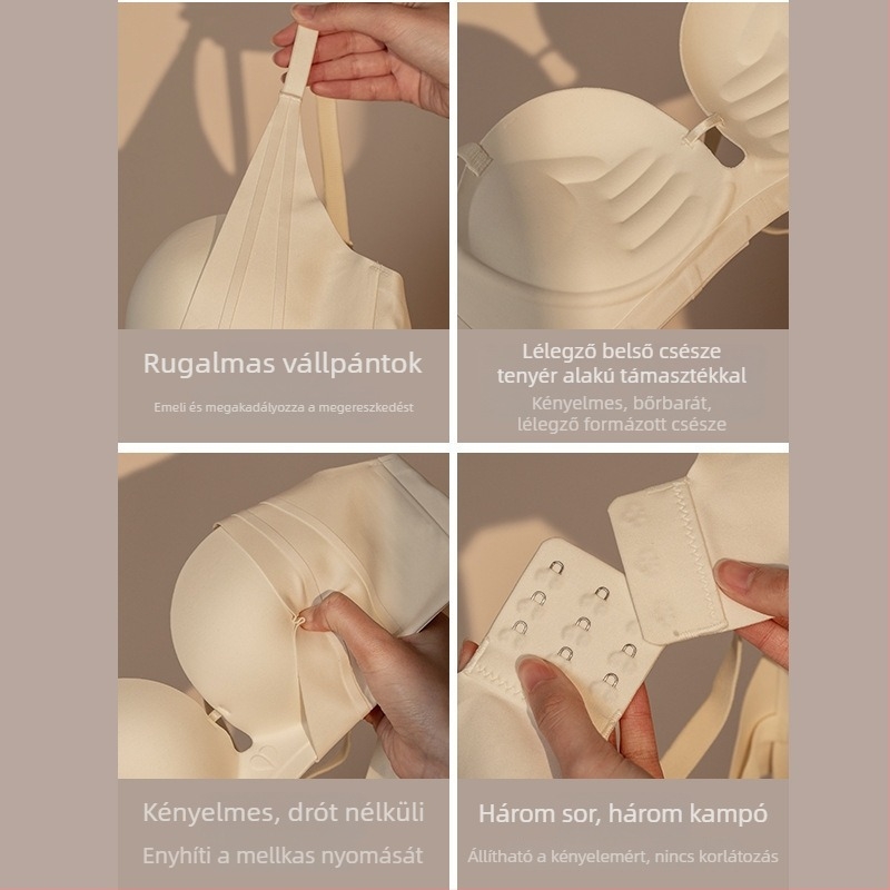 Push-Up melltartó kismellhez, drót nélküli, varrás nélküli, légáteresztő, 3/4 kosár, középmoldformájú kosár, állítható vállpántok, hátul három sor kapocs