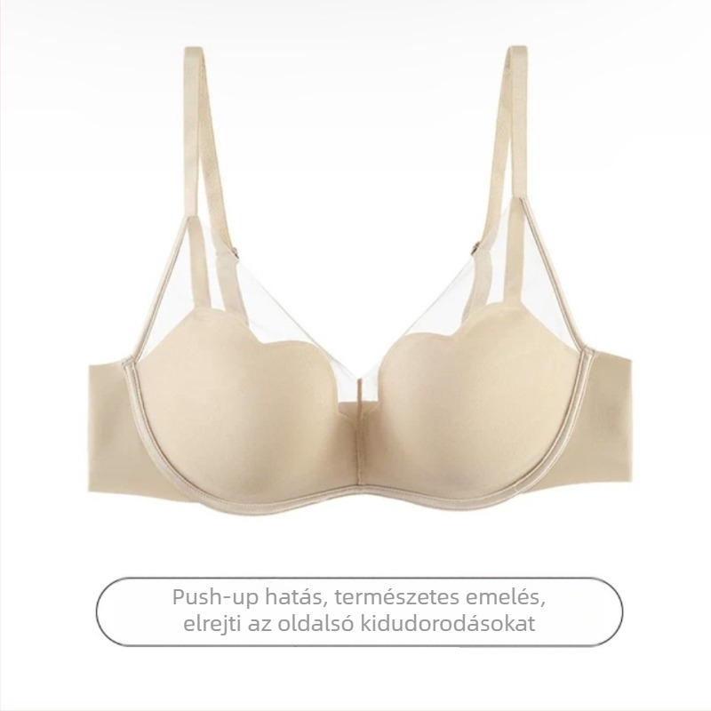 Vezeték nélküli push-up melltartó mély V-öltéssel, csipke hálóval, kisebb keblekhez, állítható vállpántok