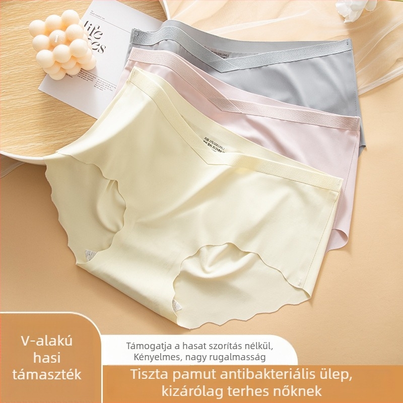 Varrás nélküli terhességi fehérnemű ice-silk anyagból, pamutbetéttel, alacsony derekú, plusz méret, háromszög alakú szabású, terhesség korai és késői szakaszára