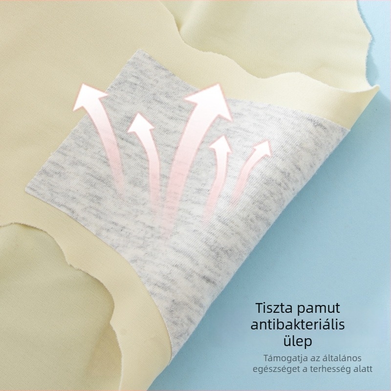 Varrás nélküli terhességi fehérnemű ice-silk anyagból, pamutbetéttel, alacsony derekú, plusz méret, háromszög alakú szabású, terhesség korai és késői szakaszára