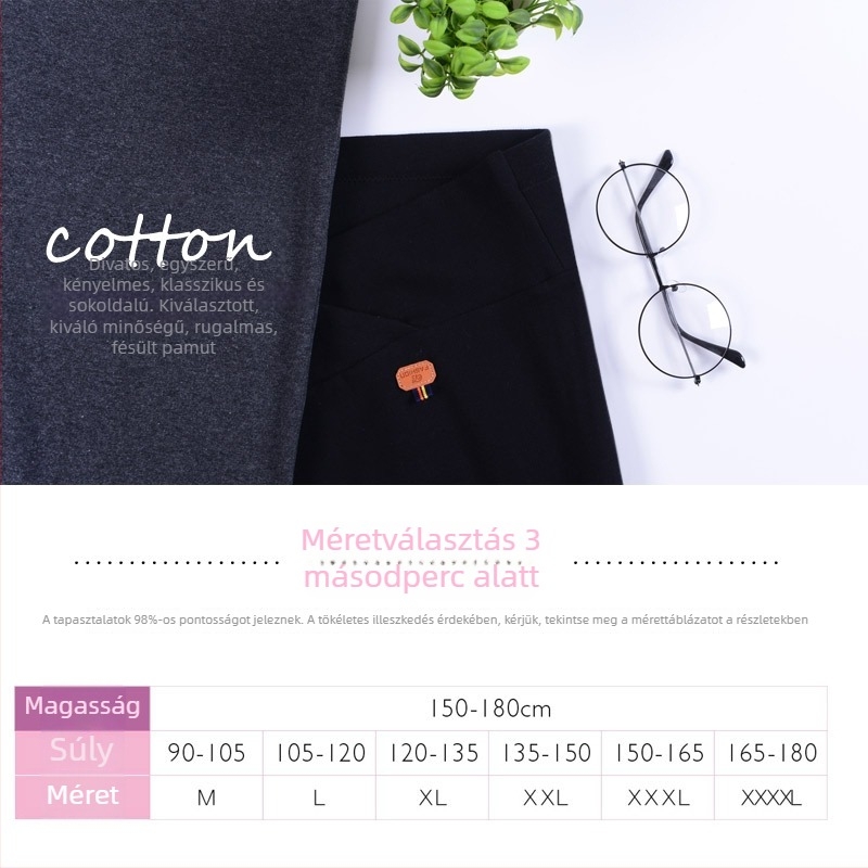 Terhességi leggings 90–95% pamutból, alacsony derekú, külső viselésre, tavasz–őszi könnyű viselet