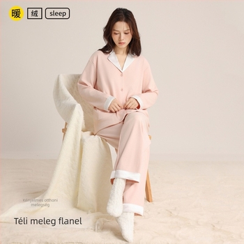 Női őszi-téli koreai stílusú vastag pizsama szett, hosszú ujjú felső és nadrág, kényelmes otthoni viselet
