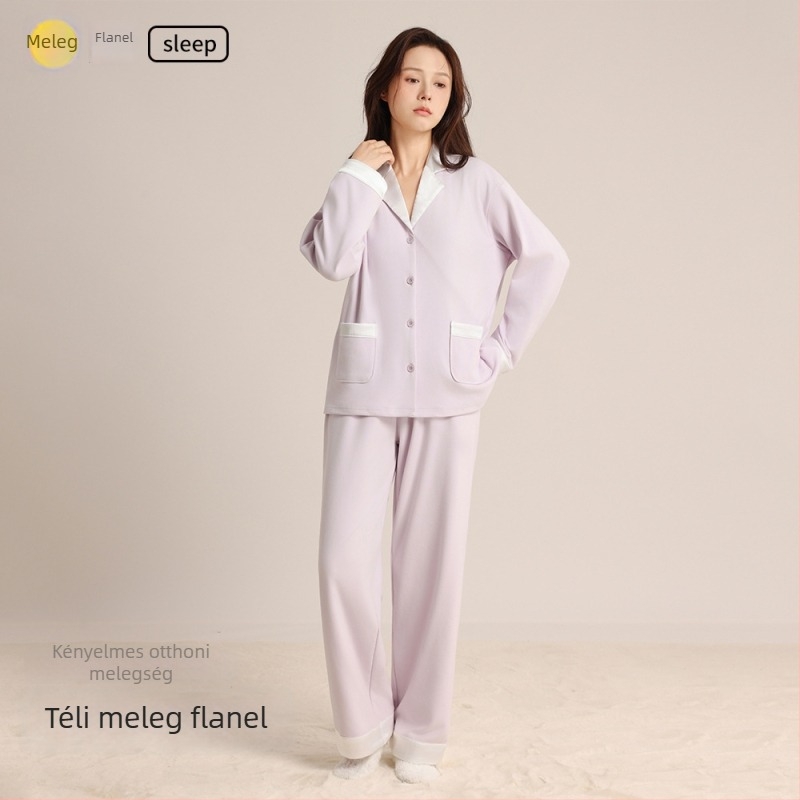 Női őszi-téli koreai stílusú vastag pizsama szett, hosszú ujjú felső és nadrág, kényelmes otthoni viselet