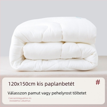 Óvodás gyermekeknek szánt dunyha töltete selyemrost és pamut; tavasz–ősz, nyár hűsítő, télre vastag.