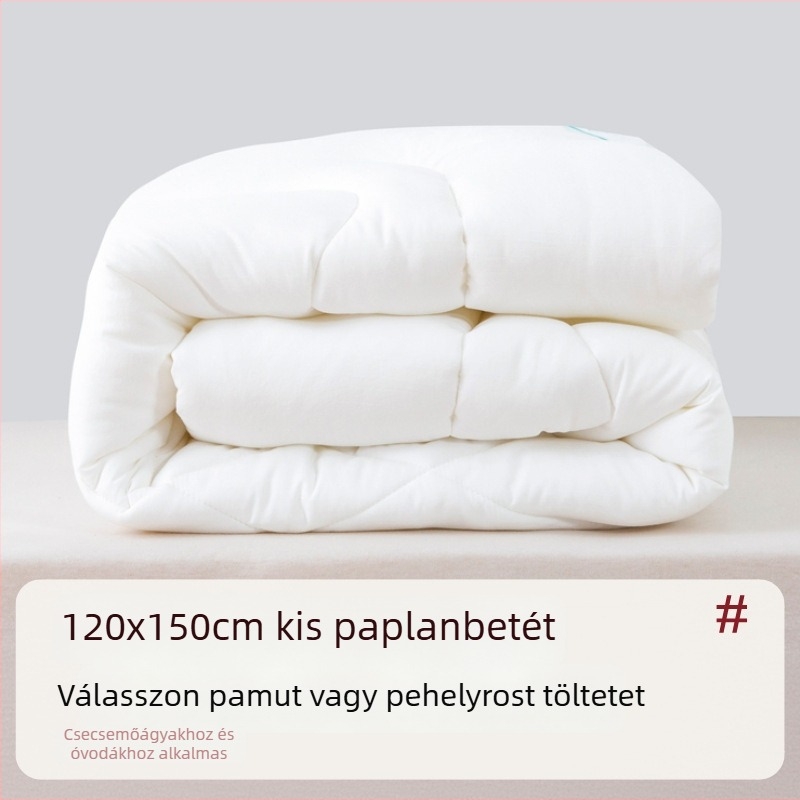 Óvodás gyermekeknek szánt dunyha töltete selyemrost és pamut; tavasz–ősz, nyár hűsítő, télre vastag.