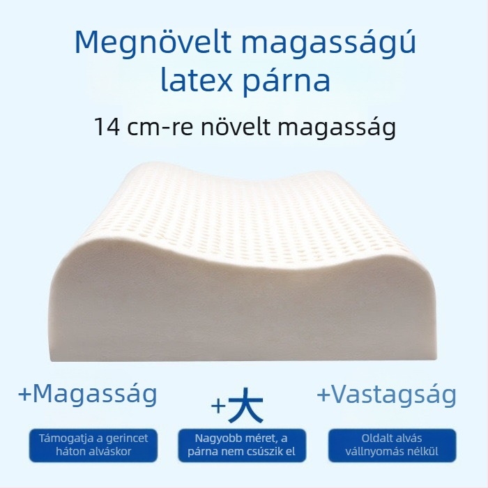 Természetes latex párna felnőtteknek, nyaki támasz, téglalap alakú, pamutszövésű huzat, extra magas és vastag