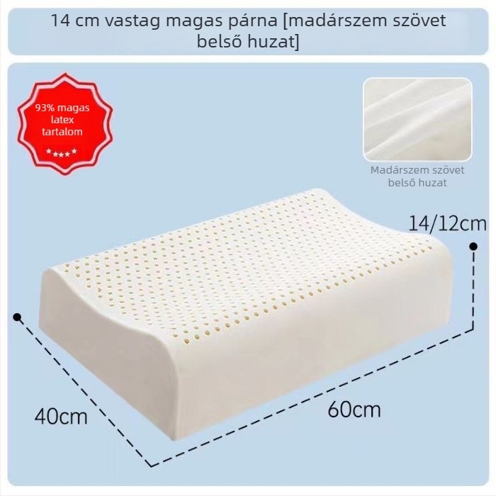 Természetes latex párna felnőtteknek, nyaki támasz, téglalap alakú, pamutszövésű huzat, extra magas és vastag