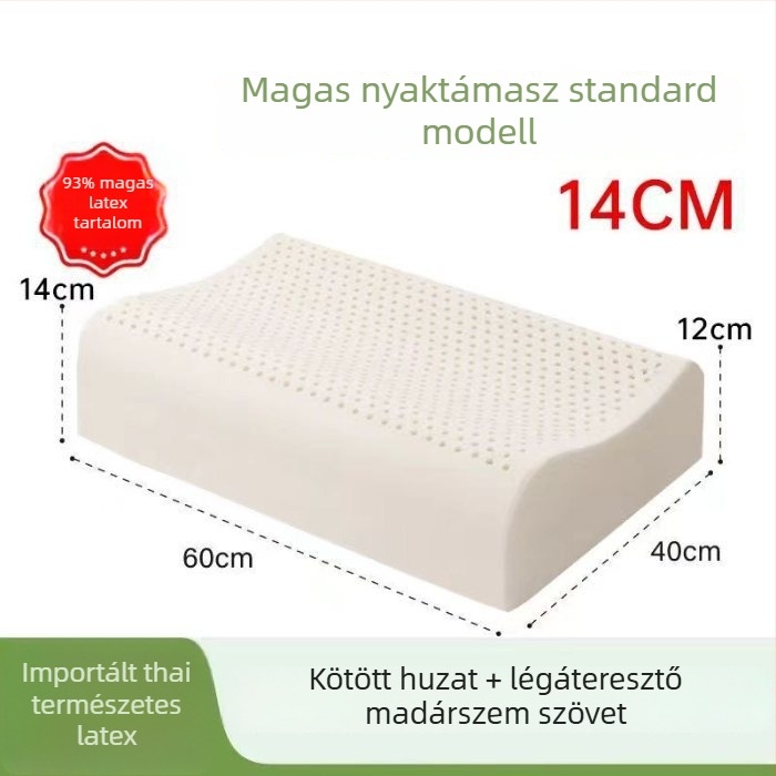 Természetes latex párna felnőtteknek, nyaki támasz, téglalap alakú, pamutszövésű huzat, extra magas és vastag
