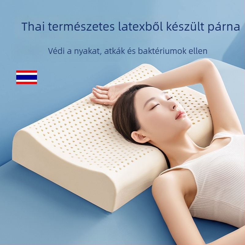 Természetes latex párna nyaki gerinc támogatásához, téglalap alakú, magasság 5–10 cm, tömeg 1,0–1,5 kg, kötött anyag