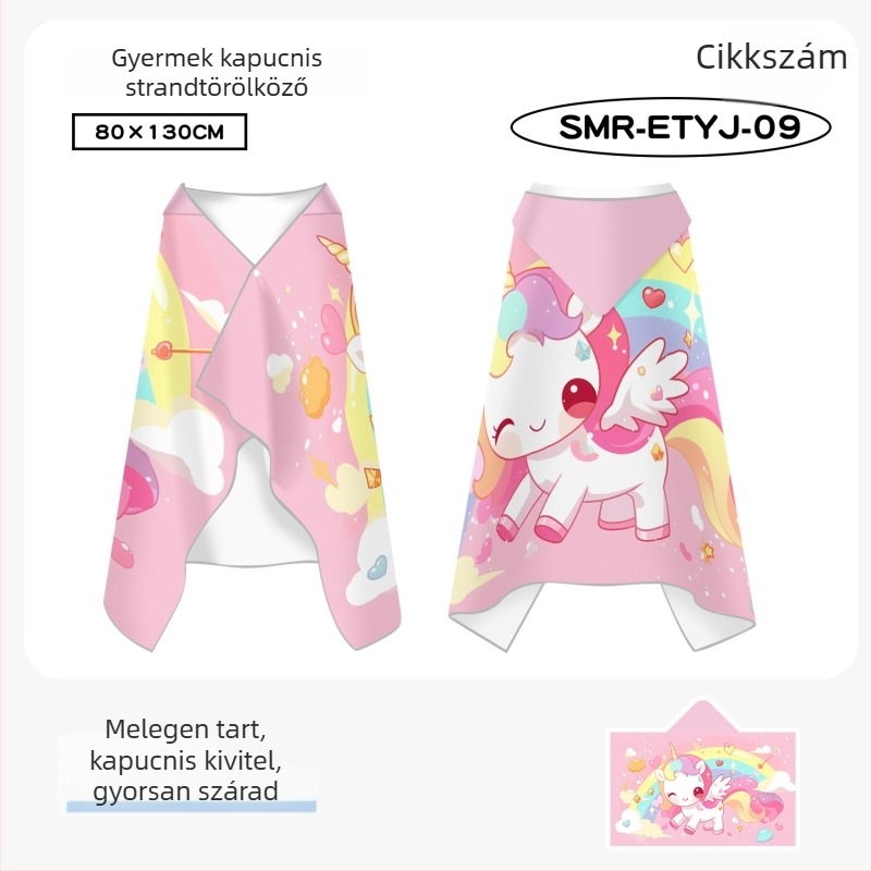 Gyerekeknek kapucnis gyorsszárító törölköző poncsó, kétoldalas fleece, viselhető úszóköntös nagyobb gyerekeknek