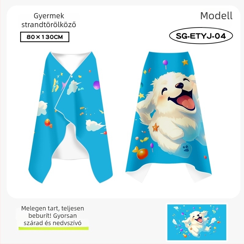 Gyerekeknek kapucnis gyorsszárító törölköző poncsó, kétoldalas fleece, viselhető úszóköntös nagyobb gyerekeknek