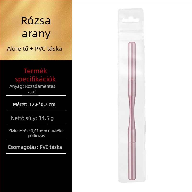 Kétfejű pattanás-eltávolító eszköz kupakkal, rozsdamentes acélból, mitesszerek és pattanások eltávolítására