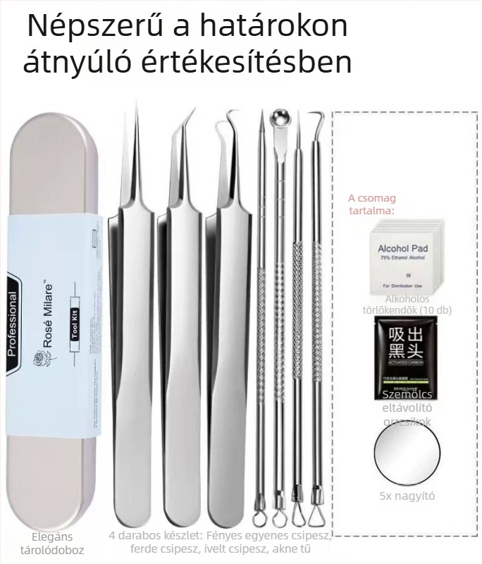 7 részes akne tűkészlet: akné tűk, pattanás kinyomó eszköz, mitesszer eltávolító csipesz