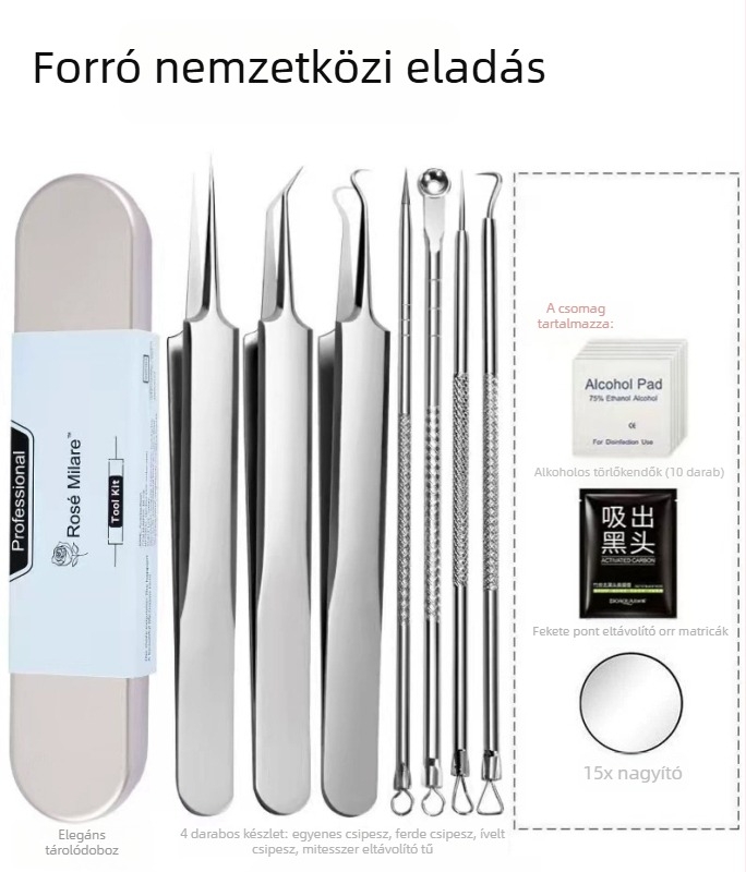 7 részes akne tűkészlet: akné tűk, pattanás kinyomó eszköz, mitesszer eltávolító csipesz