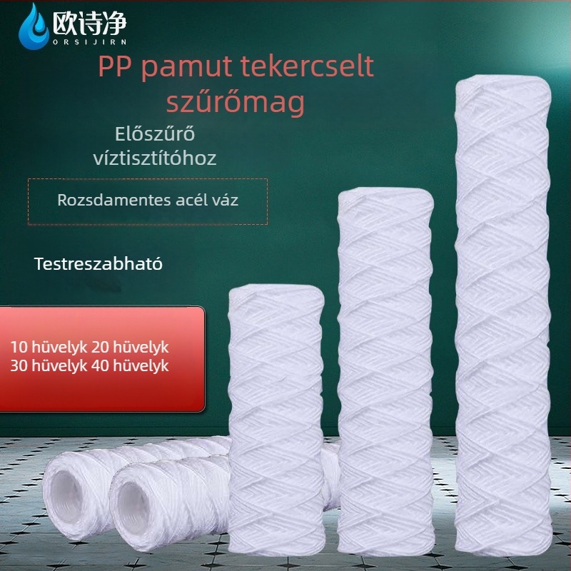 PP gyapotból körbefonott szűrőelem, 10 hüvelyk, 5 mikron / 1 mm, magas hőmérséklet-állóság, rozsdamentes acél váz, abszorbens gyapot, méretek 20/30/40 hüvelyk