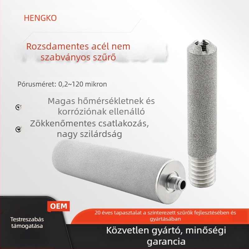 Rozsdamentes acél menetes por-sinterezett szűrőelem, mikronos precizitású, 316L anyag, magas hőmérsékletű sinterált szűrő
