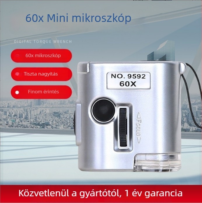 60x mikroszkóp LED világítással bankjegyek, ékszerek és régiségek értékelésére — nagyító bőr tokban és nyakpánttal