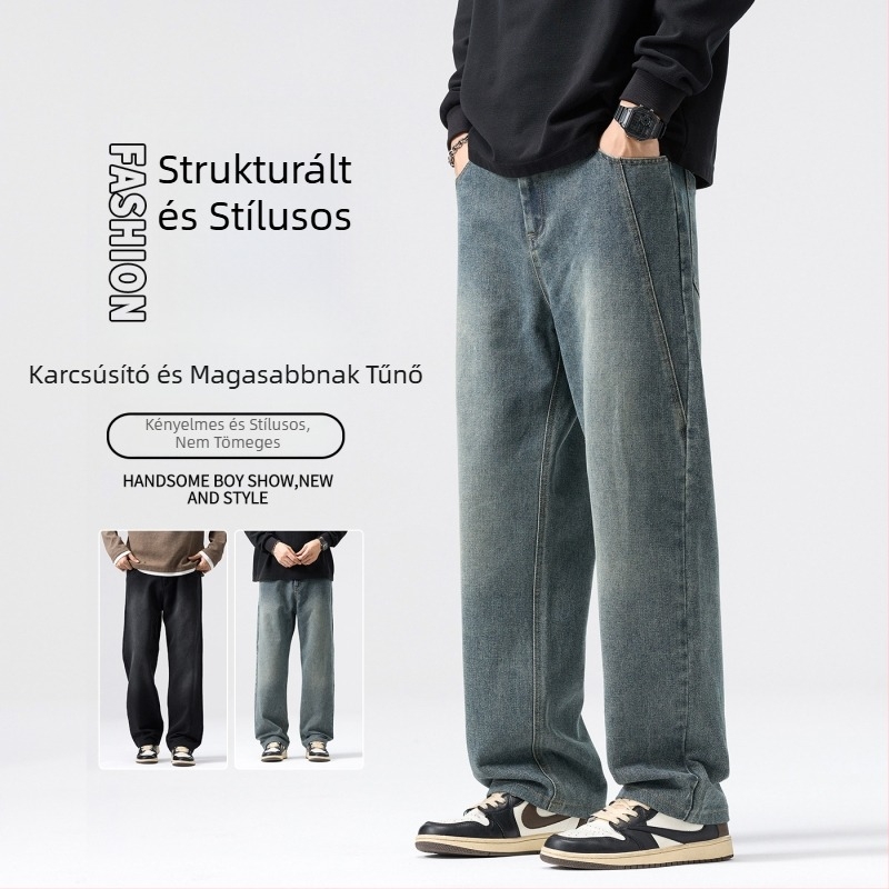 Férfi farmernadrág amerikai stílusban, egyenes szabású, széles szár, laza, vintage mosott denim tavasz–őszre