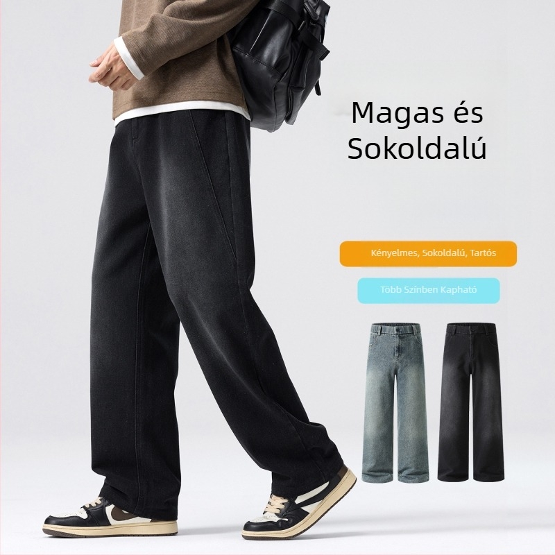 Férfi farmernadrág amerikai stílusban, egyenes szabású, széles szár, laza, vintage mosott denim tavasz–őszre