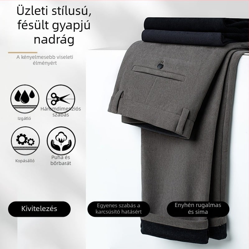 Férfi üzleti casual nadrág téli időszakra, egyenes szabás, egyszínű, gyapjú–szálas keverék