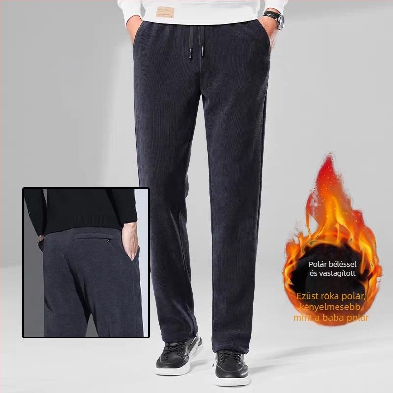 Férfi kordbársony egyenes szabású nadrág, téli fleece-bélés, vastag és meleg, lazább fazon, üzleti casual