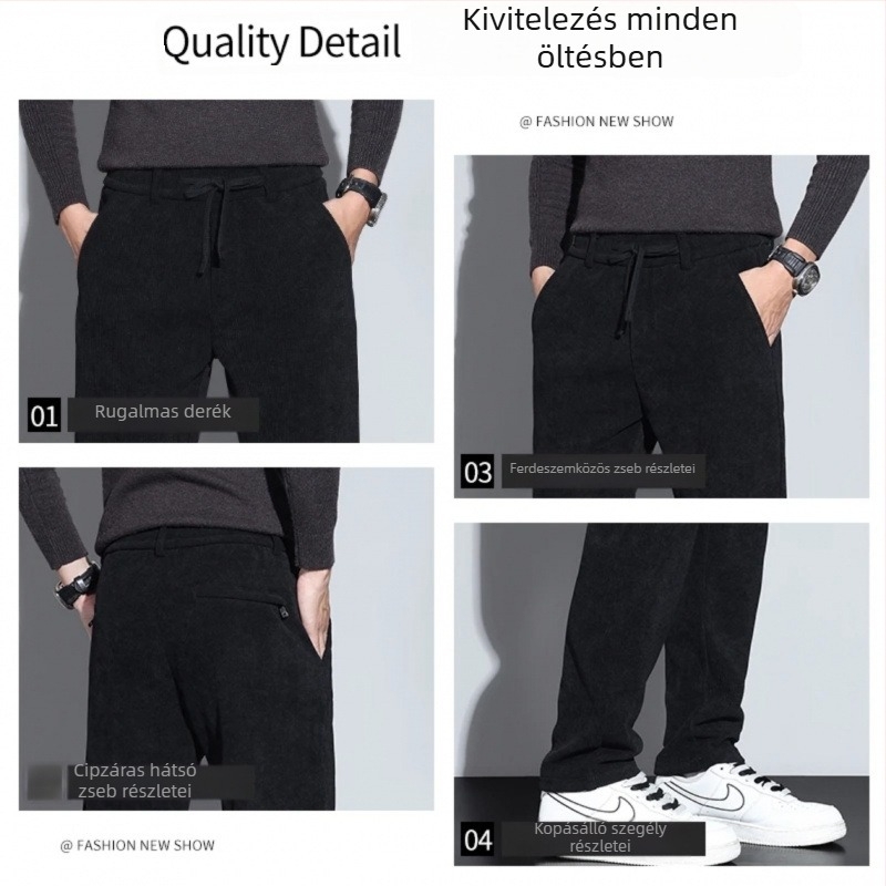 Férfi kordbársony egyenes szabású nadrág, téli fleece-bélés, vastag és meleg, lazább fazon, üzleti casual