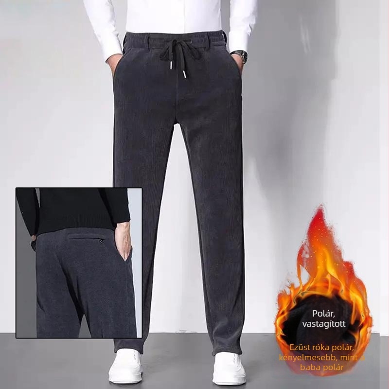 Férfi kordbársony egyenes szabású nadrág, téli fleece-bélés, vastag és meleg, lazább fazon, üzleti casual
