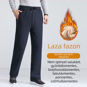 Téli báránygyapjú fleece-lével bélelt férfi nadrág, elasztikus derék, laza szabás, vastag, meleg pamutnadrág