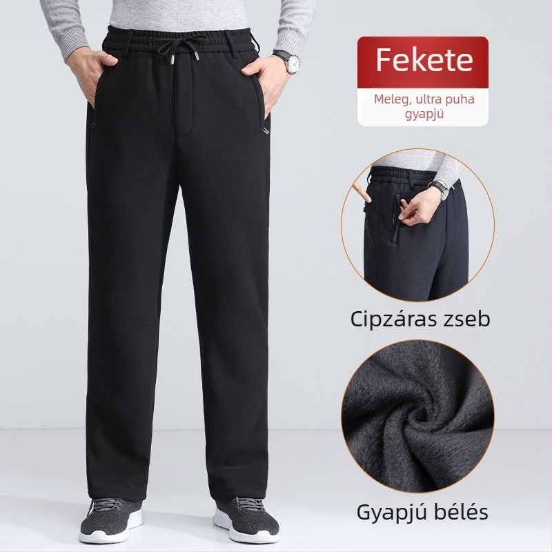 Téli báránygyapjú fleece-lével bélelt férfi nadrág, elasztikus derék, laza szabás, vastag, meleg pamutnadrág