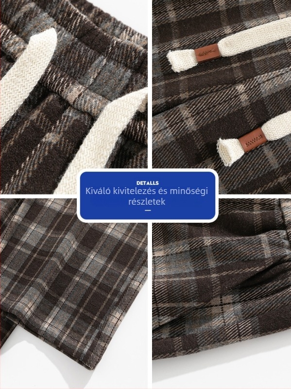 Férfiaknak tervezett retro kockás nadrág, lazán szabott, őszi casual viselet, egyenes szárú