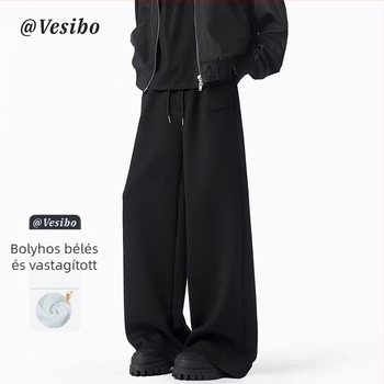 Fleece-öltött, széles szárú férfi nadrág ősz-télre, amerikai stílusú casual, padlót érő hosszúság, laza szabású meleg sportnadrág.