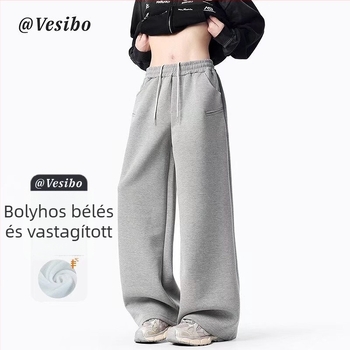 Fleece-öltött, széles szárú férfi nadrág ősz-télre, amerikai stílusú casual, padlót érő hosszúság, laza szabású meleg sportnadrág.