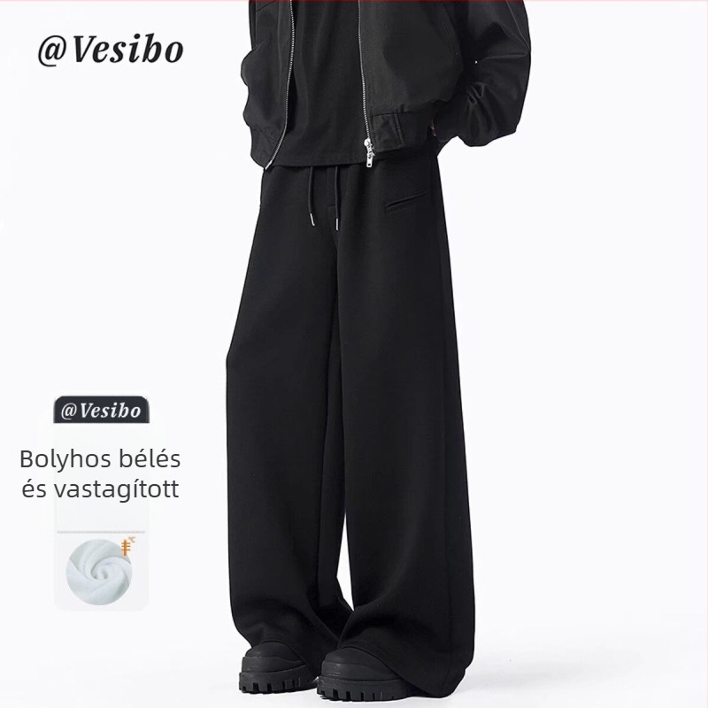Fleece-öltött, széles szárú férfi nadrág ősz-télre, amerikai stílusú casual, padlót érő hosszúság, laza szabású meleg sportnadrág.