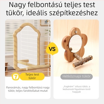 Papagáj tükrös játék – fa tartóval és felakasztható kalitkával, peónia-tigris mintázatú tükör, kis platforma a ketrecben